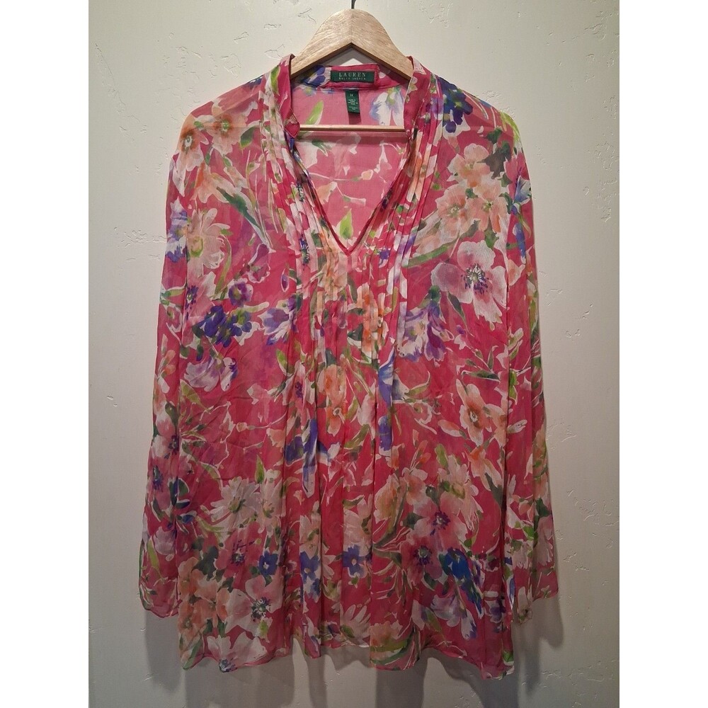 Lauren Ralph Lauren Women's Plus 1X Silk Floral Colorful Blouse Old Money Office